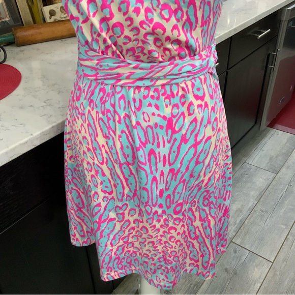 JB by Julie Brown Pink & Blue Lizzy Meow Leopard Print Wrap Dress XS New W/Tags - Picture 7 of 16